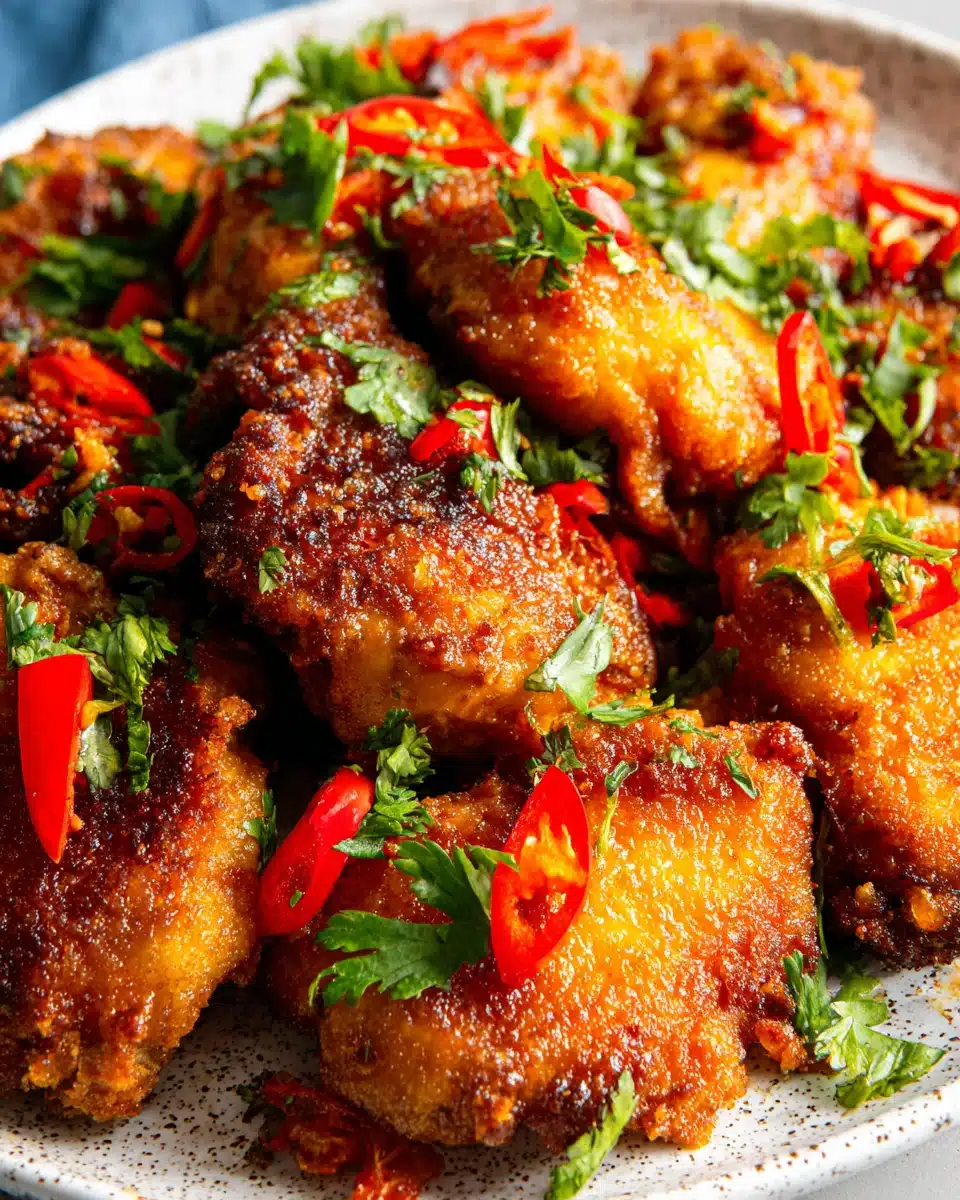 Asian Garlic Fried Chicken with Bell Peppers and Cilantro Crispy Asian garlic fried chicken with bell peppers and cilantro on a plate
