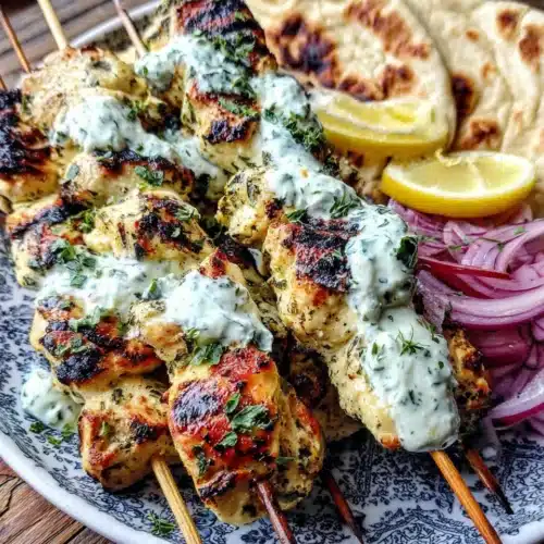 Authentic Greek Chicken Souvlaki Marinade: A Flavorful Delight 1 Grilled chicken souvlaki with authentic Greek marinade, lemon, tzatziki, and pita