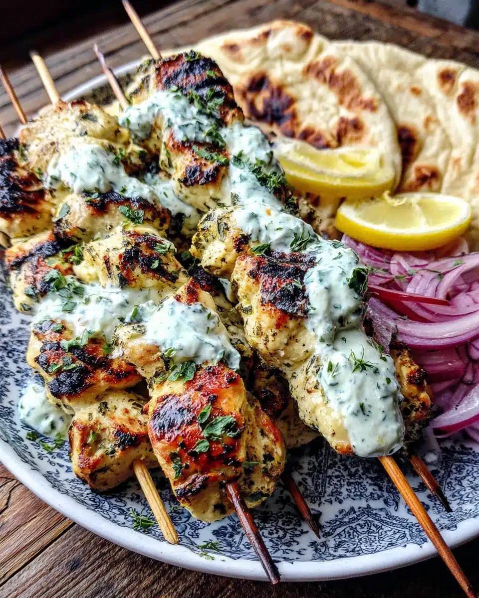 Authentic Greek Chicken Souvlaki with Yogurt Marinade Grilled chicken souvlaki with authentic Greek marinade, lemon, tzatziki, and pita