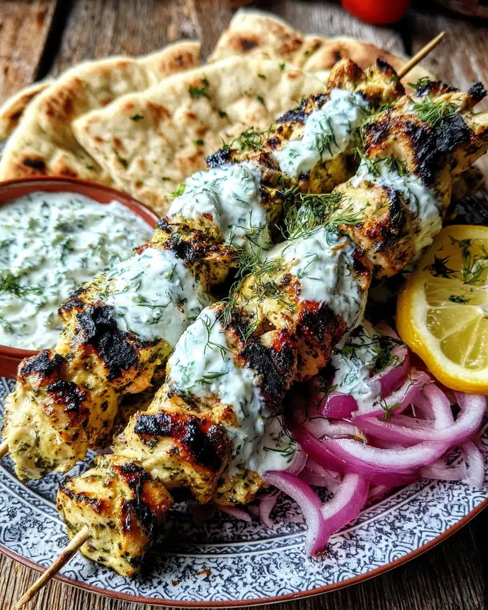 Authentic Greek Chicken Souvlaki with Tzatziki and Lemon Authentic Greek chicken souvlaki skewers with tzatziki and lemon on a plate