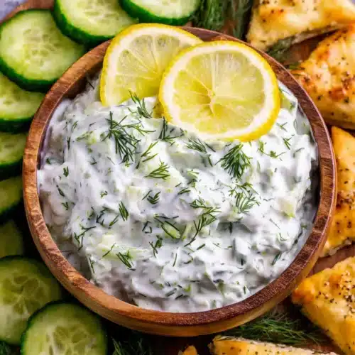 Authentic Greek tzatziki with lemon and cucumber in a wooden bowl