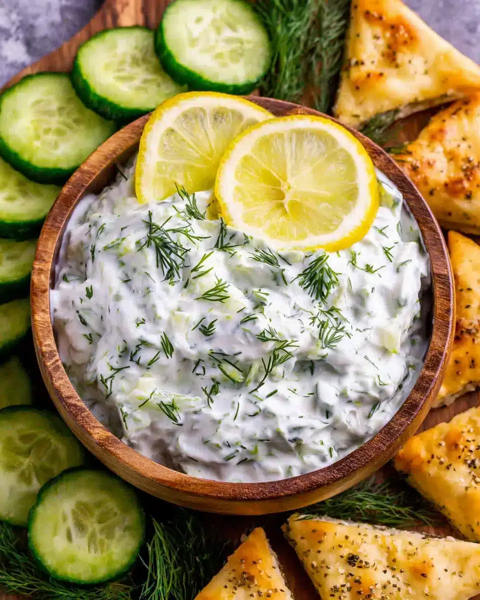 Authentic Greek tzatziki with lemon and cucumber in a wooden bowl