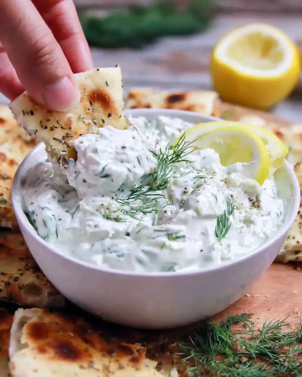 Authentic Greek tzatziki dip with dill and lemon, served with za'atar pita bread