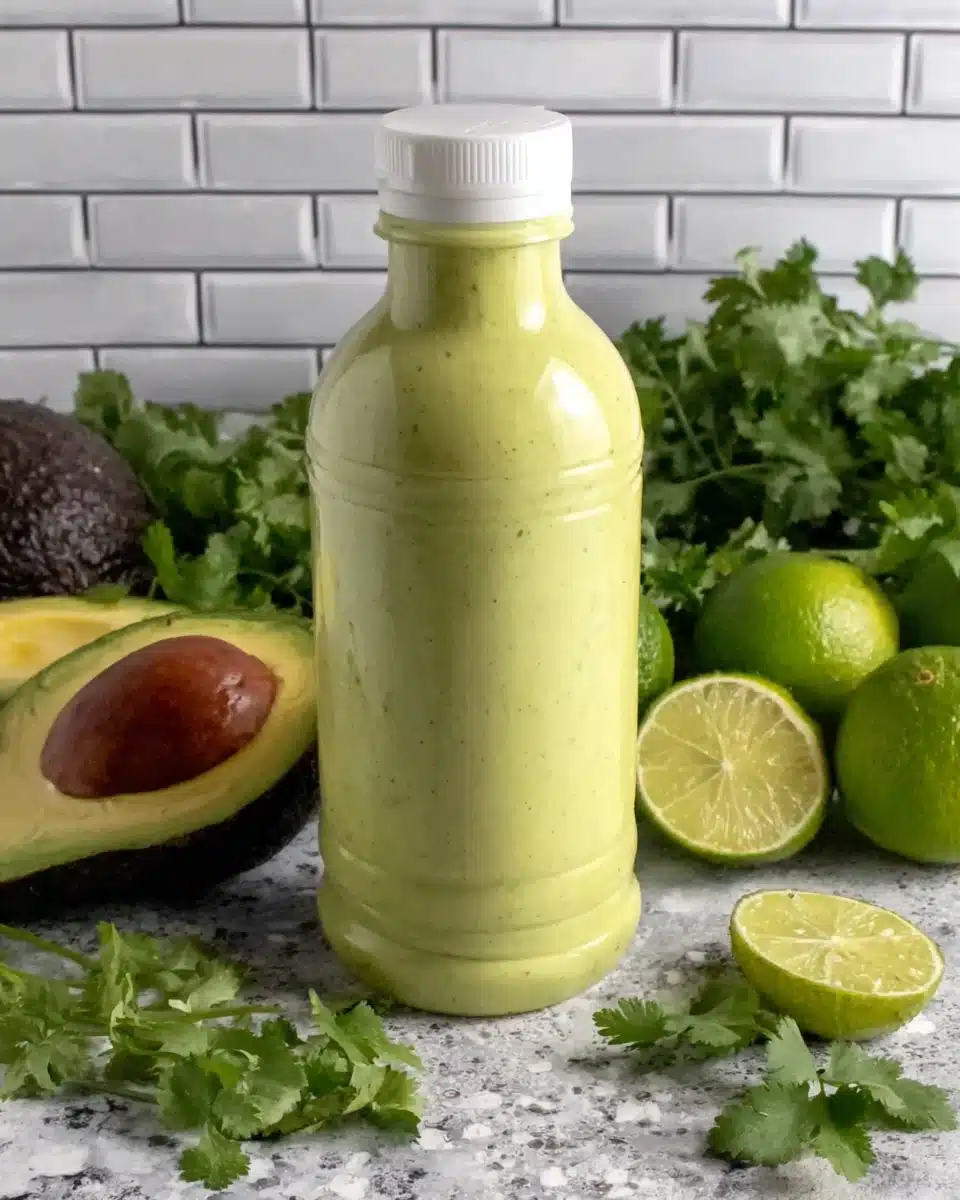 Avocado crema in a squeeze bottle with fresh avocados, limes, and cilantro