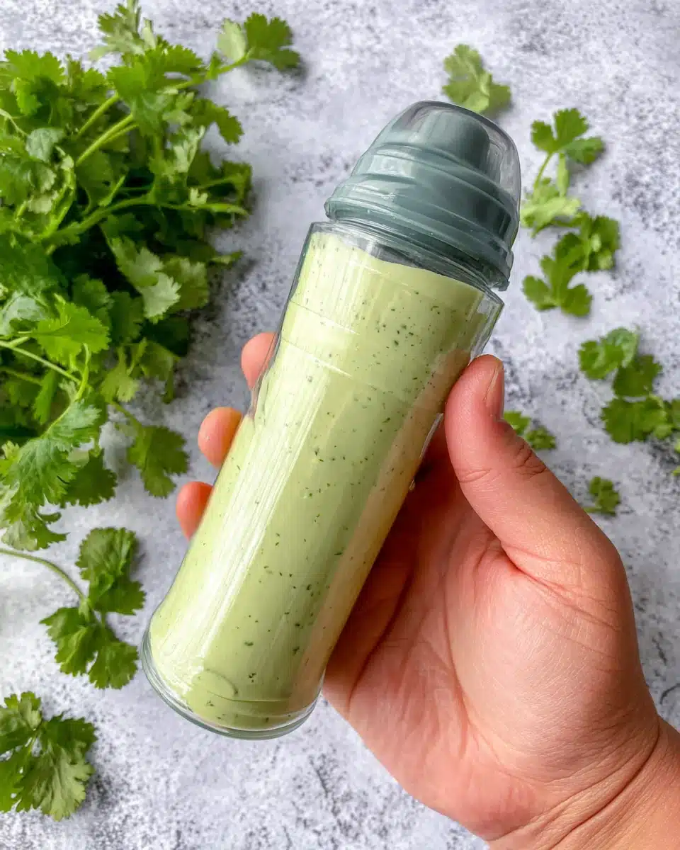 Hand holding a bottle of avocado crema with fresh cilantro on marble
