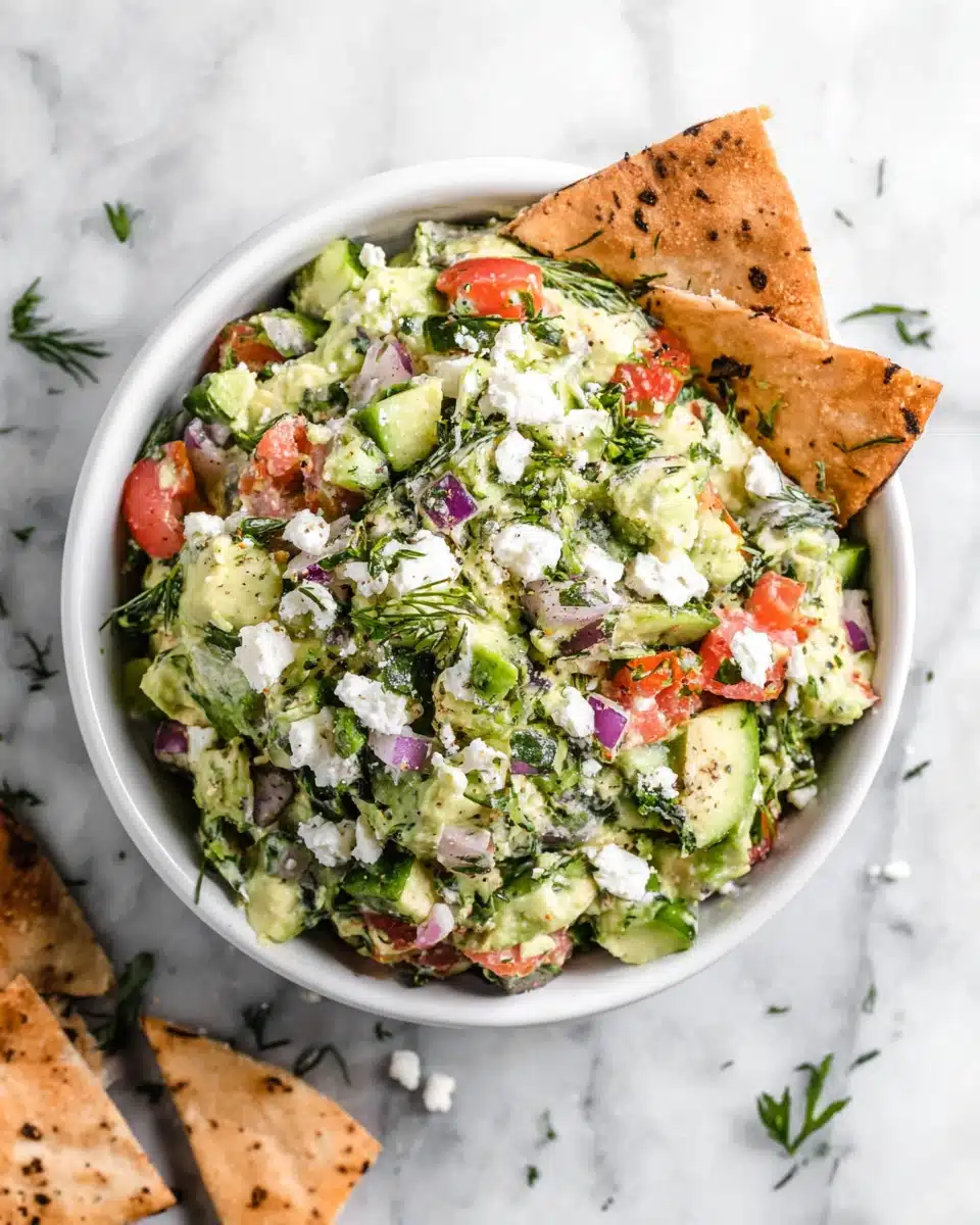 Avocado feta dip with tomatoes, red onion, herbs, and pita chips in a white bowl