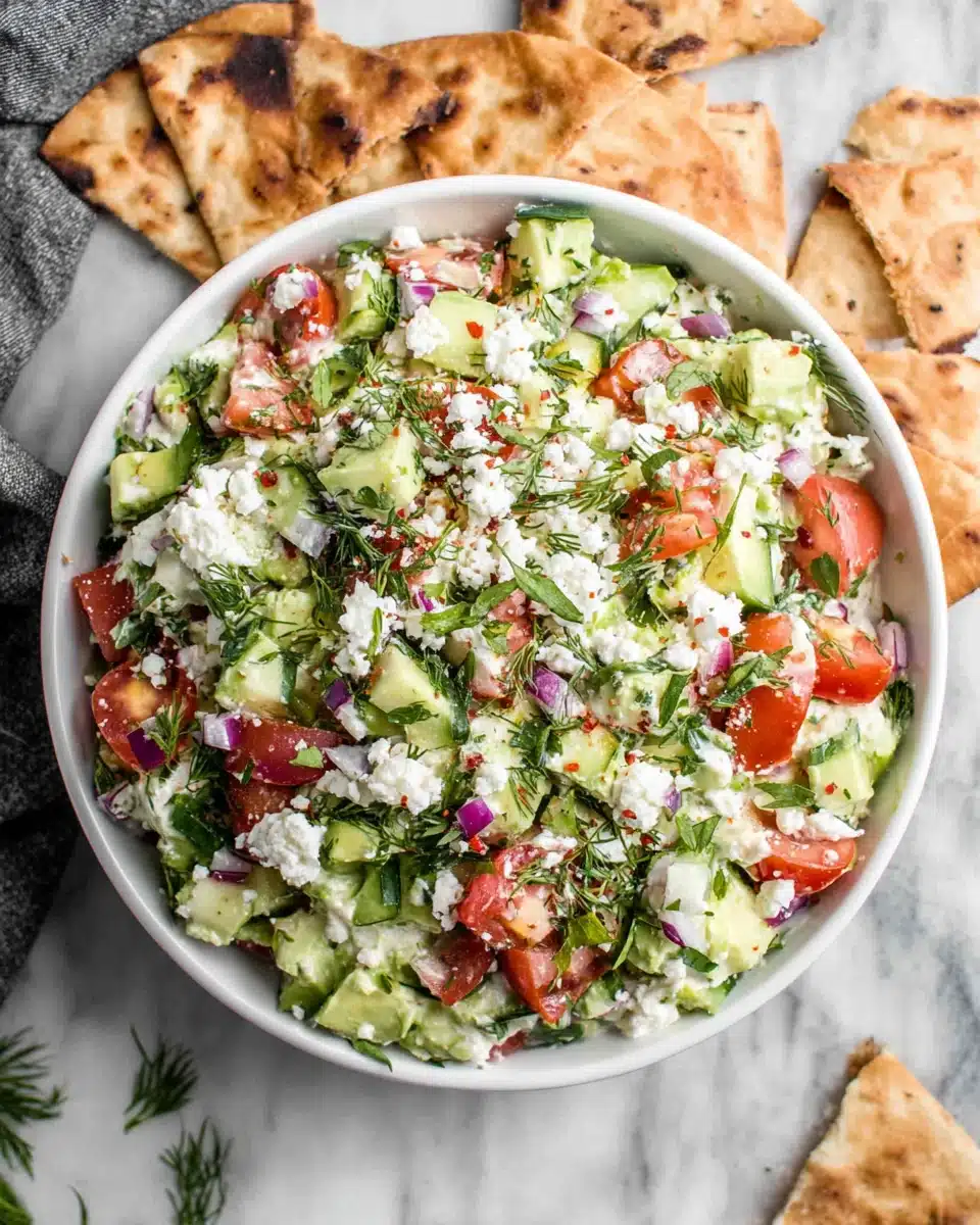 Avocado feta dip with tomatoes, red onion, herbs, and pita chips in a white bowl