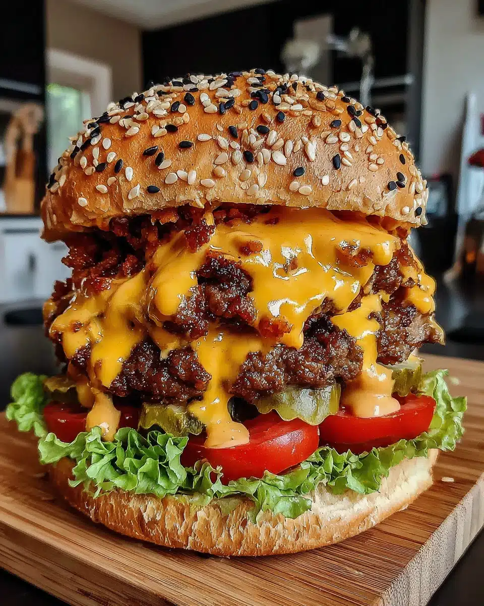 Bacon Cheddar Ranch Burger with Melted Cheese and Crispy Bacon Bacon cheddar ranch burger with melted cheese, crispy bacon, and fresh toppings on a sesame seed bun.
