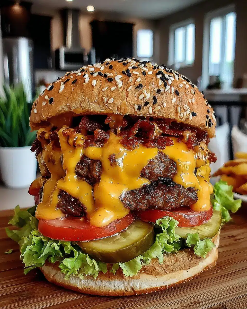 Bacon Cheddar Ranch Burger with Melted Cheese and Crispy Bacon Bacon cheddar ranch burger with melted cheese, crispy bacon, and fresh toppings on a sesame seed bun.