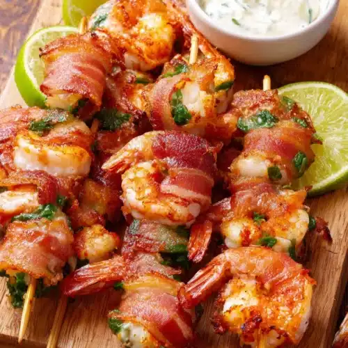 Bacon Wrapped Jalapeno Shrimp Skewers: Irresistibly Delicious 1 Bacon wrapped jalapeno shrimp skewers on a wooden board with lime and dipping sauce