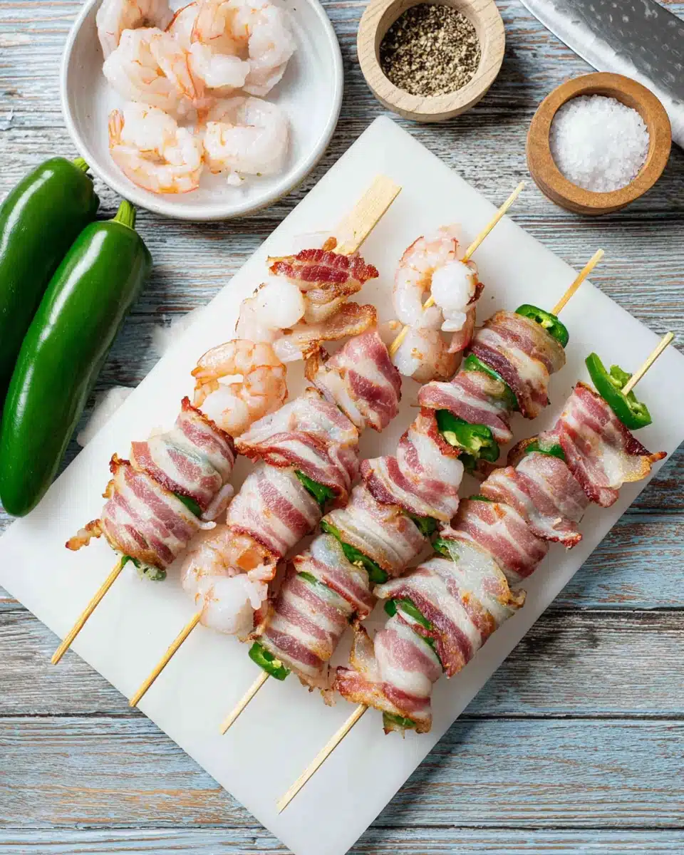 Bacon Wrapped Jalapeno Shrimp Skewers Ingredients Bacon wrapped jalapeno shrimp skewers ingredients on a cutting board with bacon, shrimp, jalapeños, and skewers