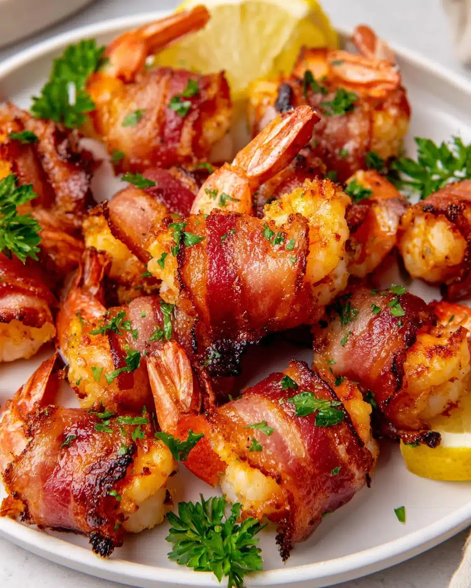 Crispy bacon wrapped shrimp on a plate with lemon garnish