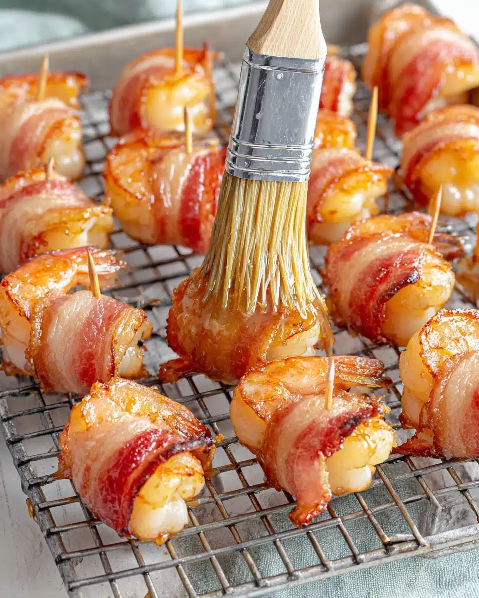 Bacon wrapped shrimp being glazed with maple syrup on a wire rack