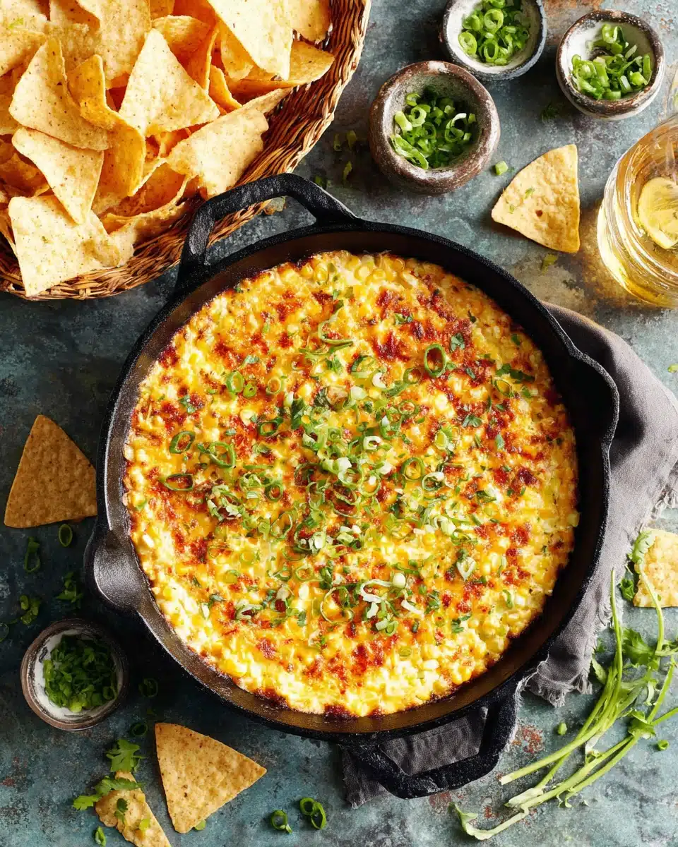 Creamy Baked Elote Dip with Corn and Cheese Baked elote dip in a skillet with tortilla chips and fresh garnishes