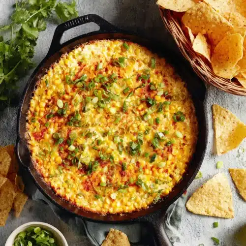 Baked Elote Dip: A Deliciously Cheesy Treat 1 Baked elote dip in skillet with tortilla chips and fresh garnishes