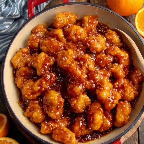 Crispy baked orange chicken in a red-handled pan with fresh orange nearby