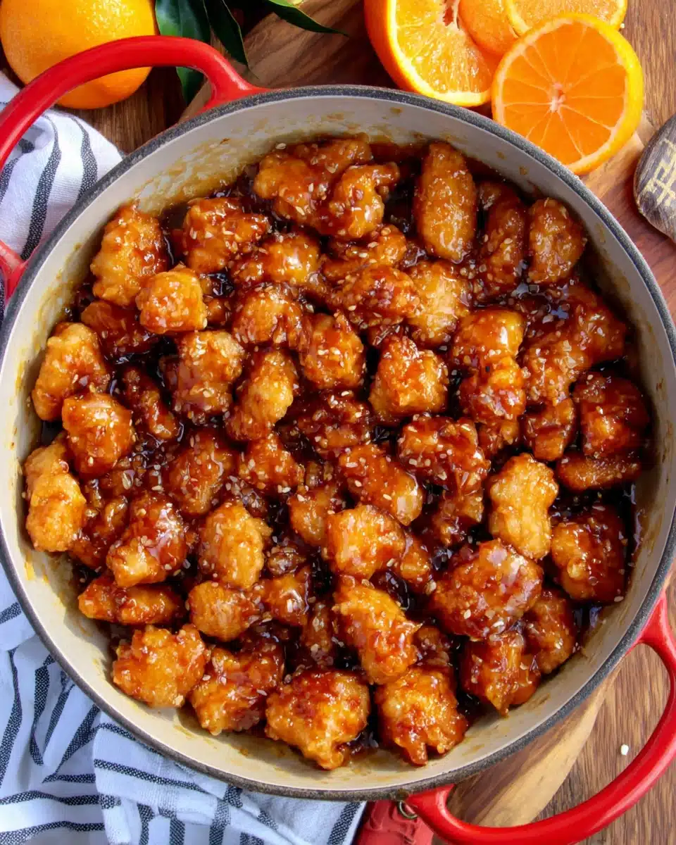 Crispy baked orange chicken in a skillet with fresh orange nearby