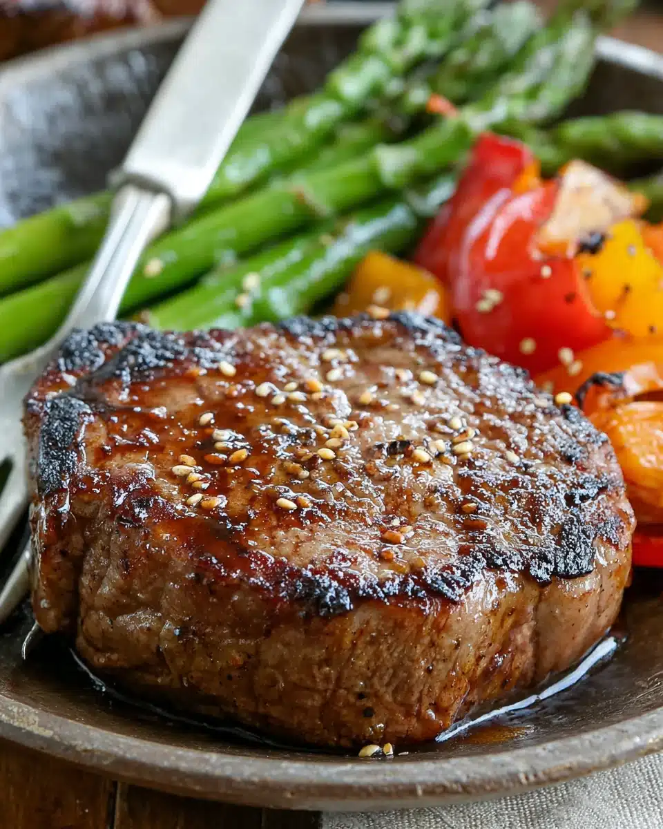 Balsamic brown sugar steak with charred edges and asparagus, served in a rustic bowl