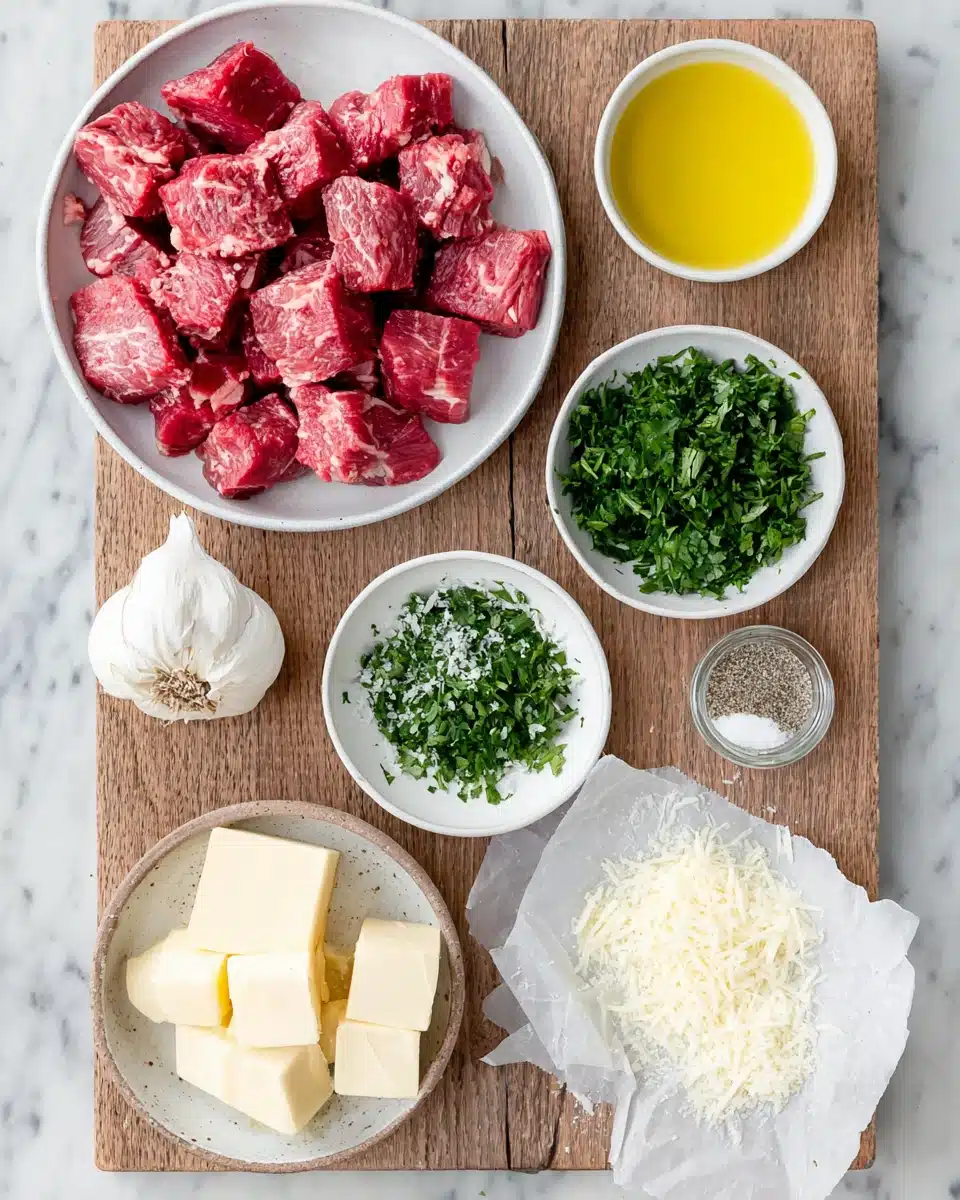 Fresh ingredients for bites in garlic steak bites arranged on marble and wood.
