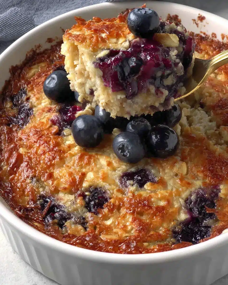 Blueberry baked oatmeal in a white dish with a golden spoon, fresh blueberries and oats visible