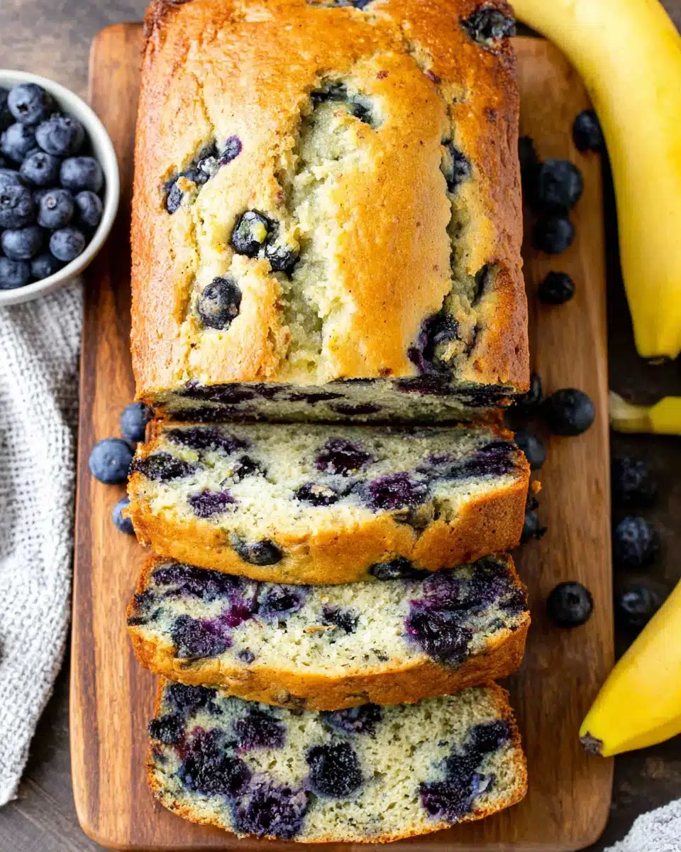 Moist blueberry banana bread with fresh blueberries and bananas