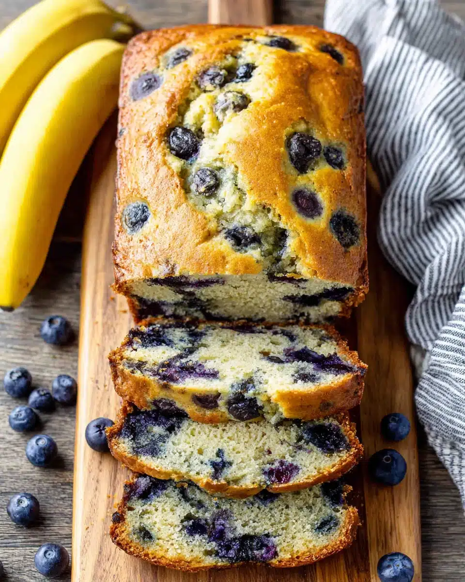 Moist blueberry banana bread with fresh blueberries and bananas