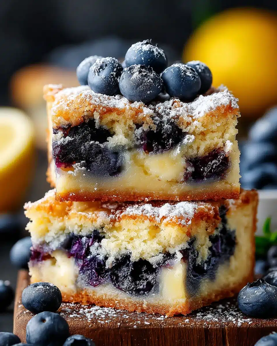 Blueberry Blondies with Fresh Berries and Powdered Sugar Juicy blueberry blondies stacked with powdered sugar and fresh blueberries