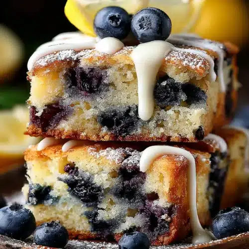Deliciously Easy Blueberry Blondies Recipe 1 Juicy blueberry blondies stacked with cream drizzle and fresh berries