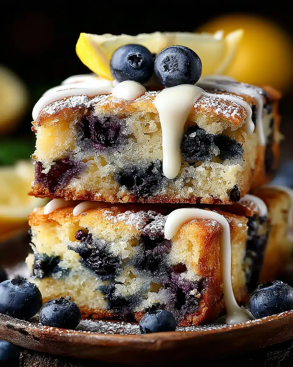 Blueberry Blondies with Cream Drizzle and Fresh Berries Juicy blueberry blondies stacked with cream drizzle and fresh berries