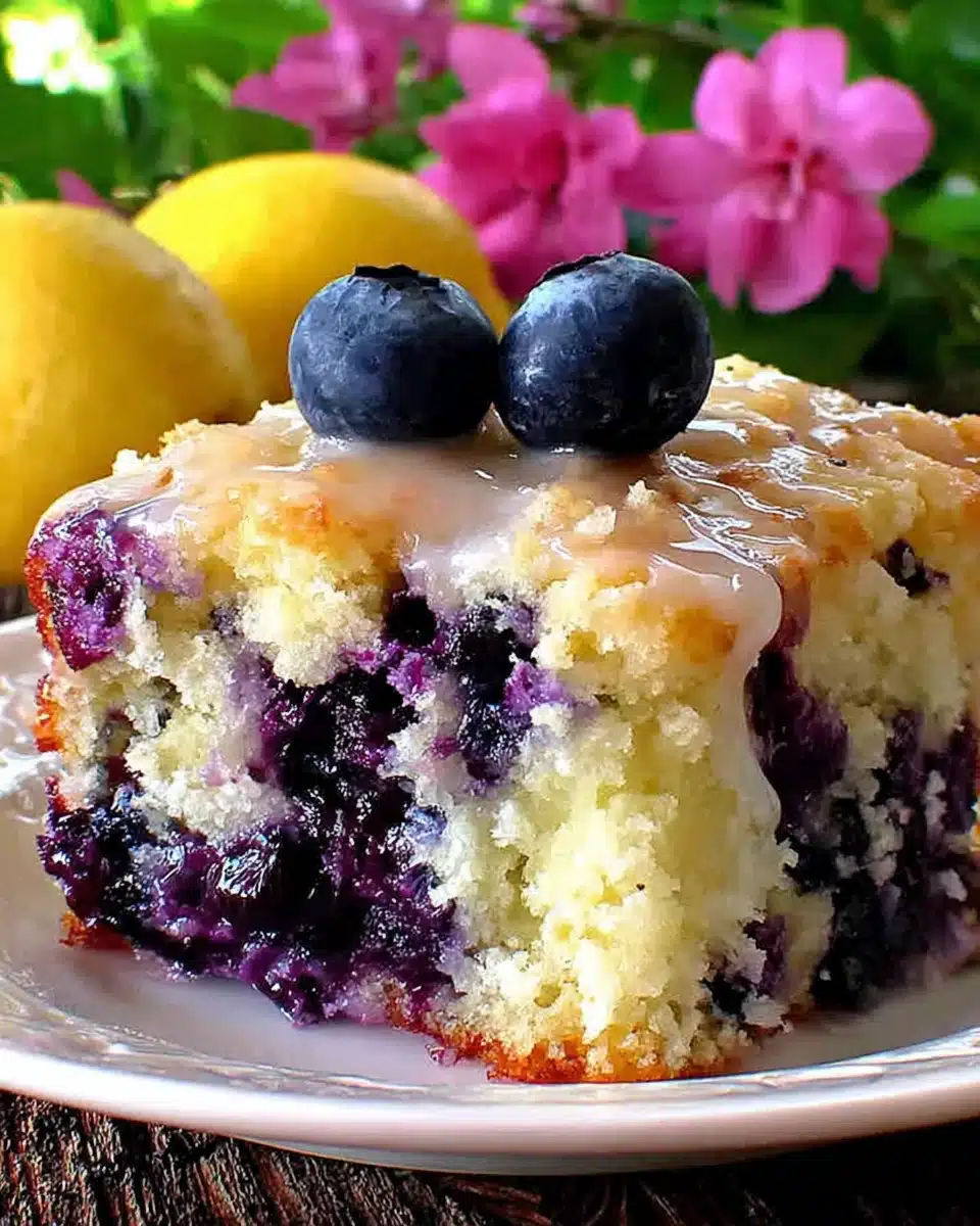 Blueberry boyfriend bait cake slice with fresh berries and lemon glaze