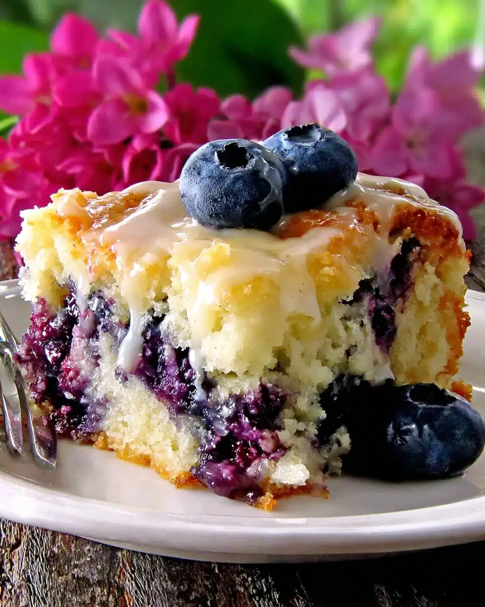 A slice of blueberry boyfriend bait cake with fresh blueberries and lemon glaze on a white plate