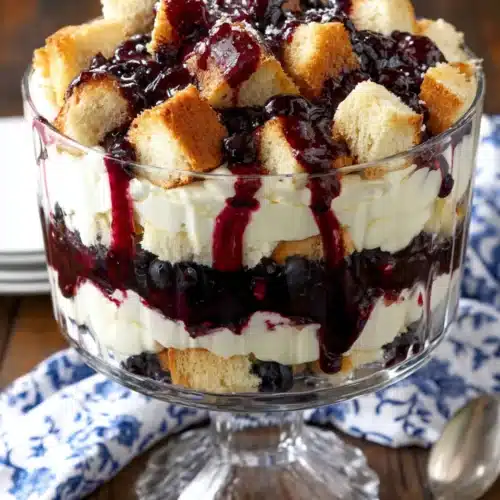 Blueberry cheesecake trifle with layers of cake, cream, and blueberry topping in a glass bowl