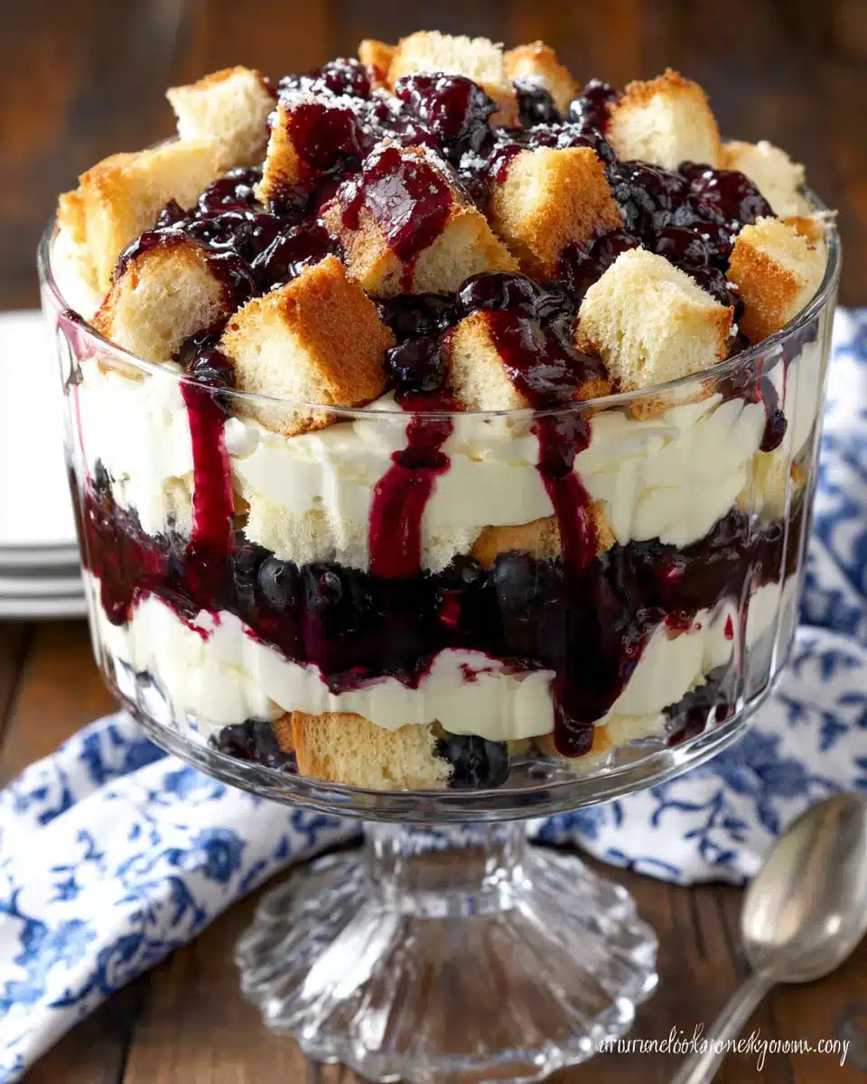 Blueberry cheesecake trifle with layers of cake, cream, and blueberry topping in a glass bowl