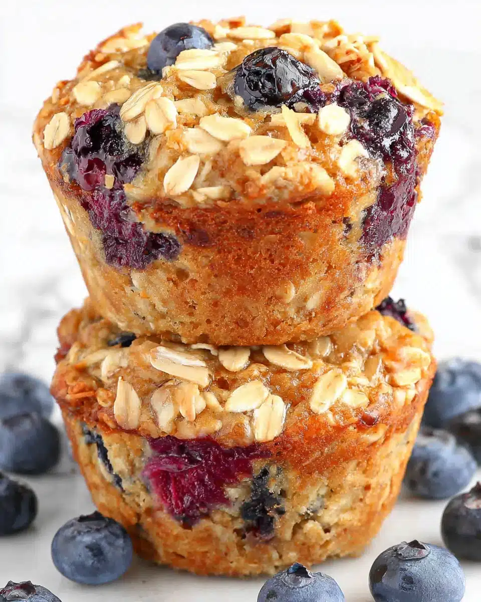 Stacked blueberry oat muffins with fresh blueberries and golden crust