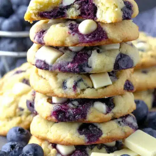 Stack of soft blueberry cookies with white chocolate and fresh blueberries