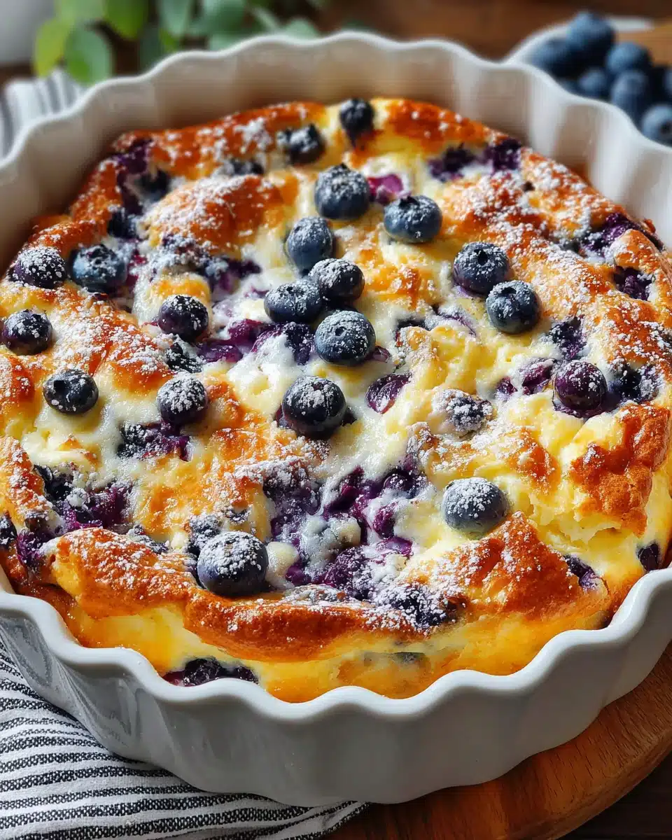 Blueberry Cottage Cheese Breakfast Bake with Fresh Berries Blueberry cottage cheese breakfast bake in a white dish with fresh blueberries on top