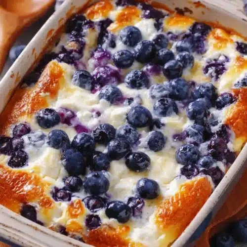 Blueberry Cottage Cheese Breakfast Bake: A Delightfully Easy Recipe 1 Blueberry cottage cheese breakfast bake in a baking dish with fresh blueberries on top