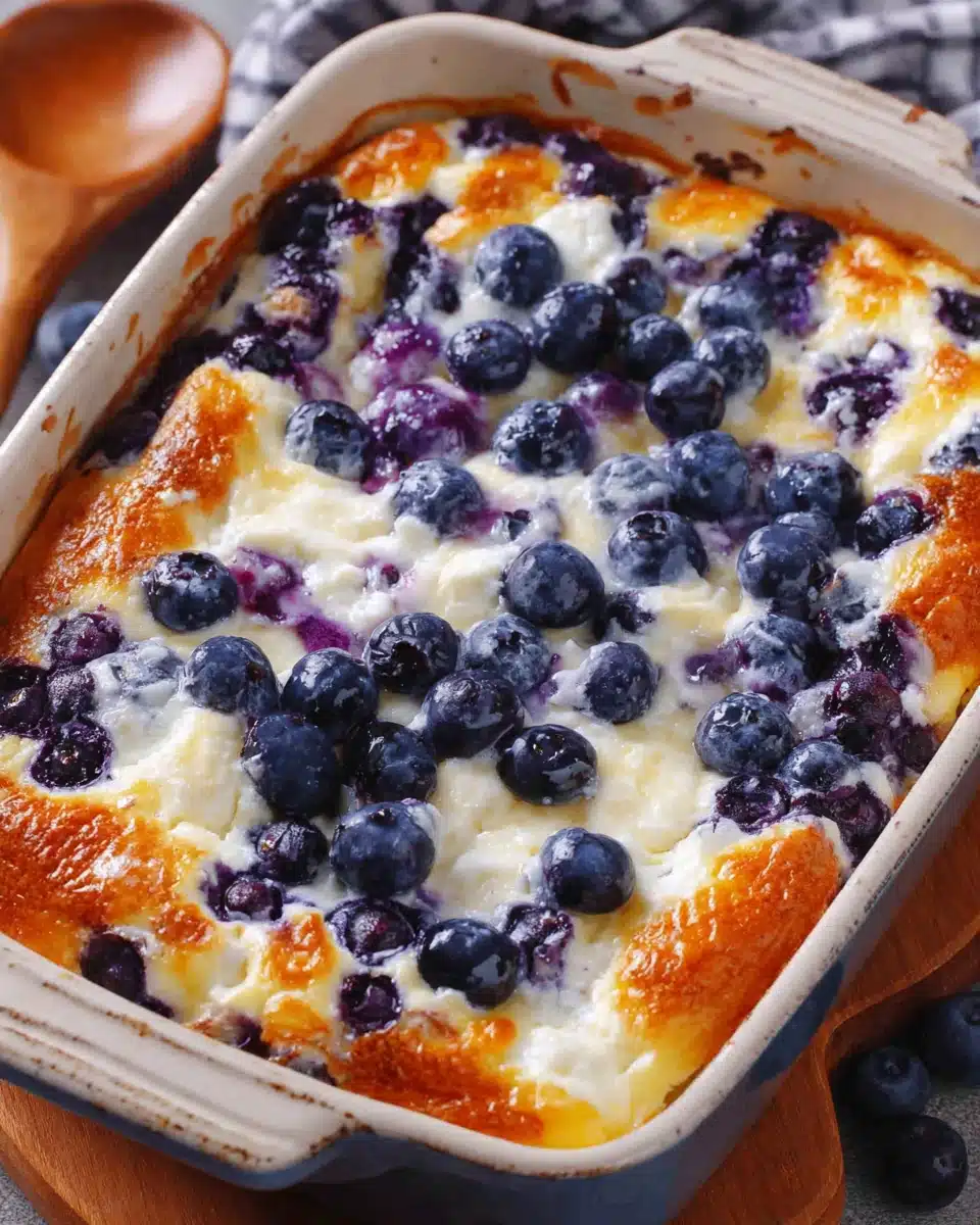 Blueberry Cottage Cheese Breakfast Bake with Fresh Berries Blueberry cottage cheese breakfast bake in a baking dish with fresh blueberries on top
