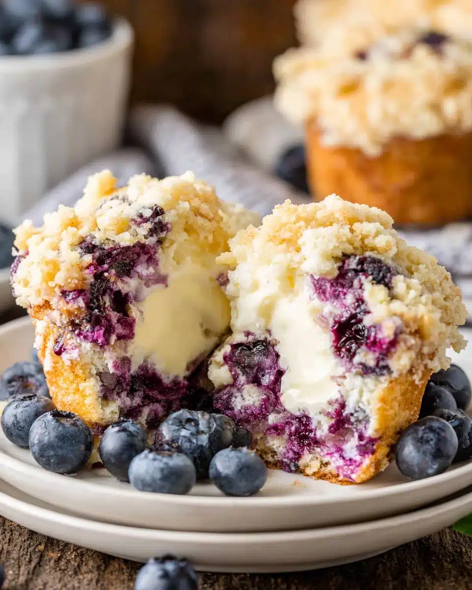 Blueberry cream cheese muffin with streusel topping and juicy blueberries