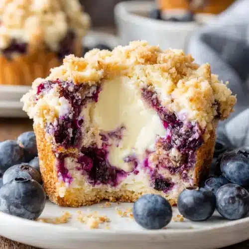 Blueberry cream cheese muffin with streusel topping and visible cream cheese filling