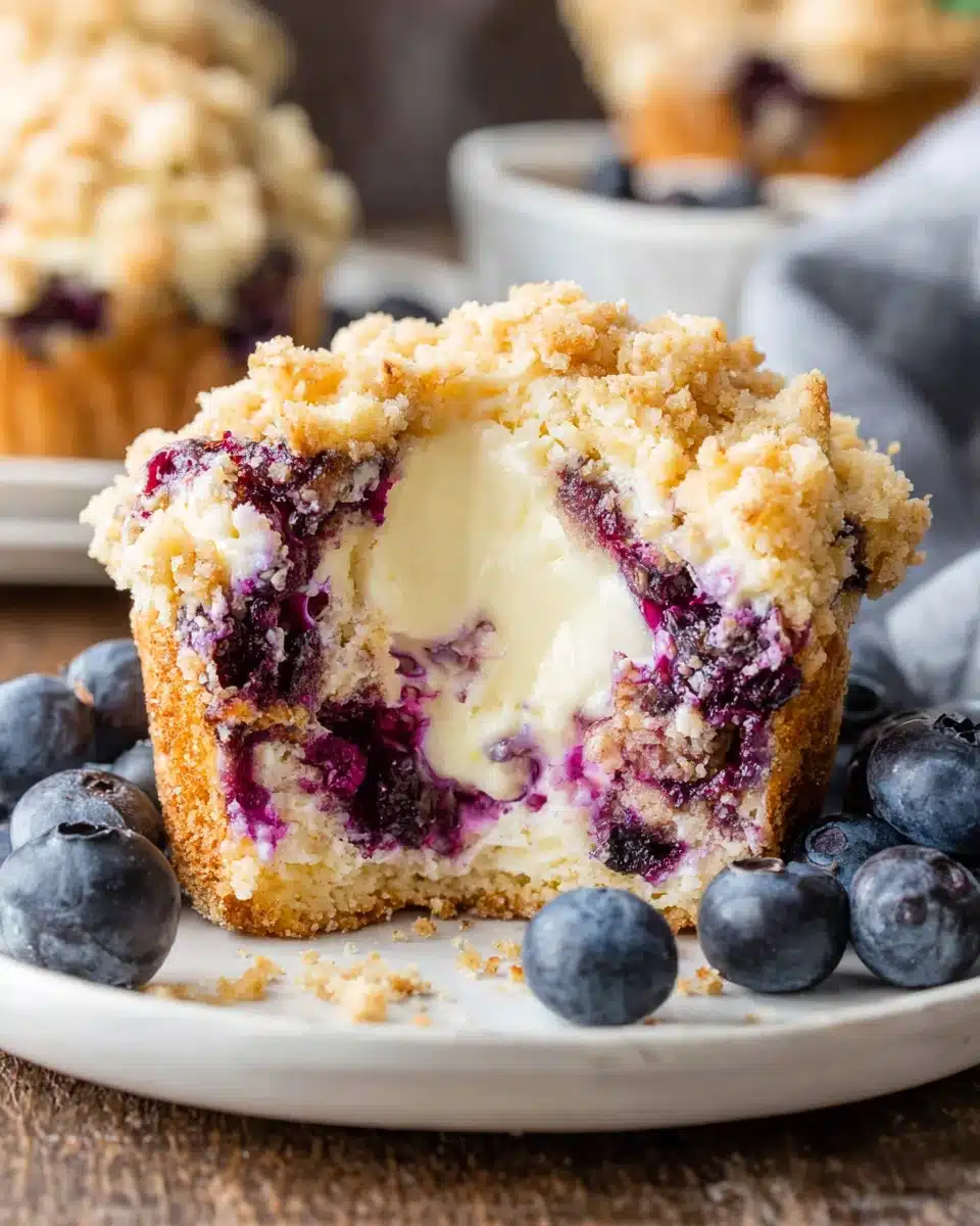 Blueberry cream cheese muffin with streusel topping and visible cream cheese filling