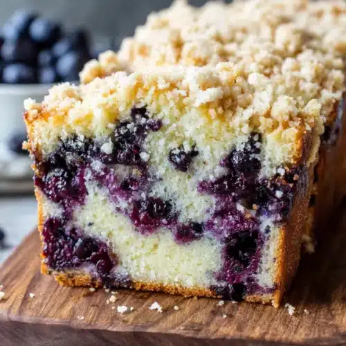 Moist blueberry crumb coffee cake with golden crumb topping and fresh blueberries