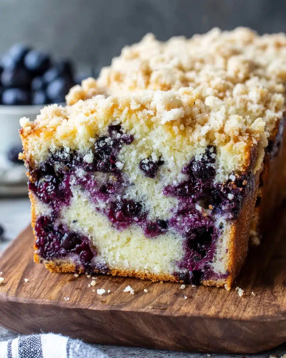 Moist blueberry crumb coffee cake with golden crumb topping and fresh blueberries