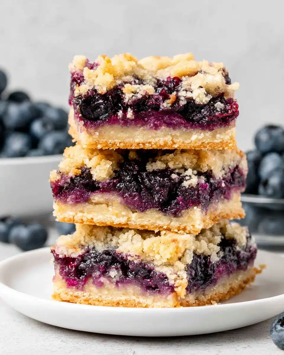 Stack of three blueberry crumble bars with golden topping and juicy filling