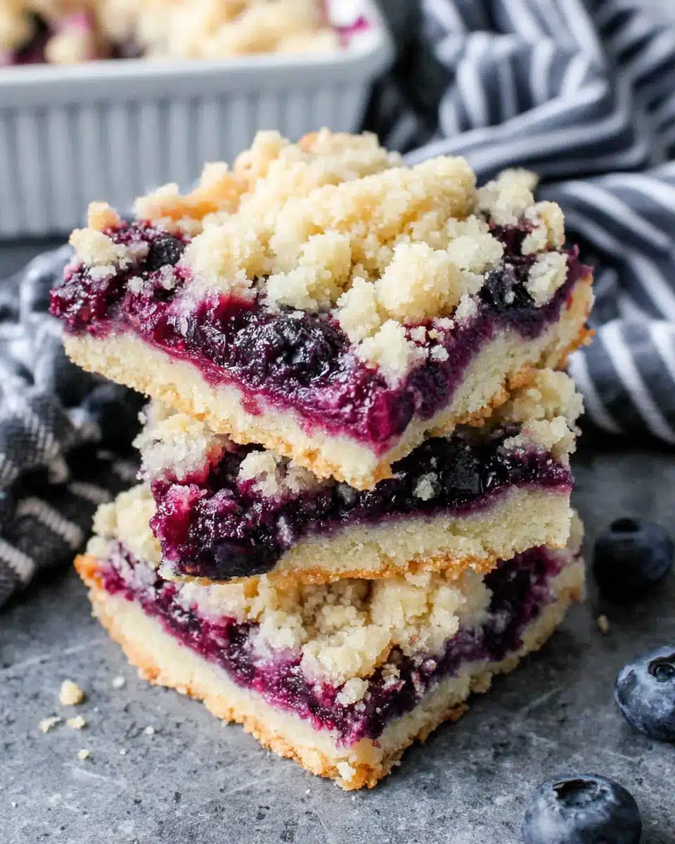Blueberry crumble bar with crumbly topping and juicy filling on marble