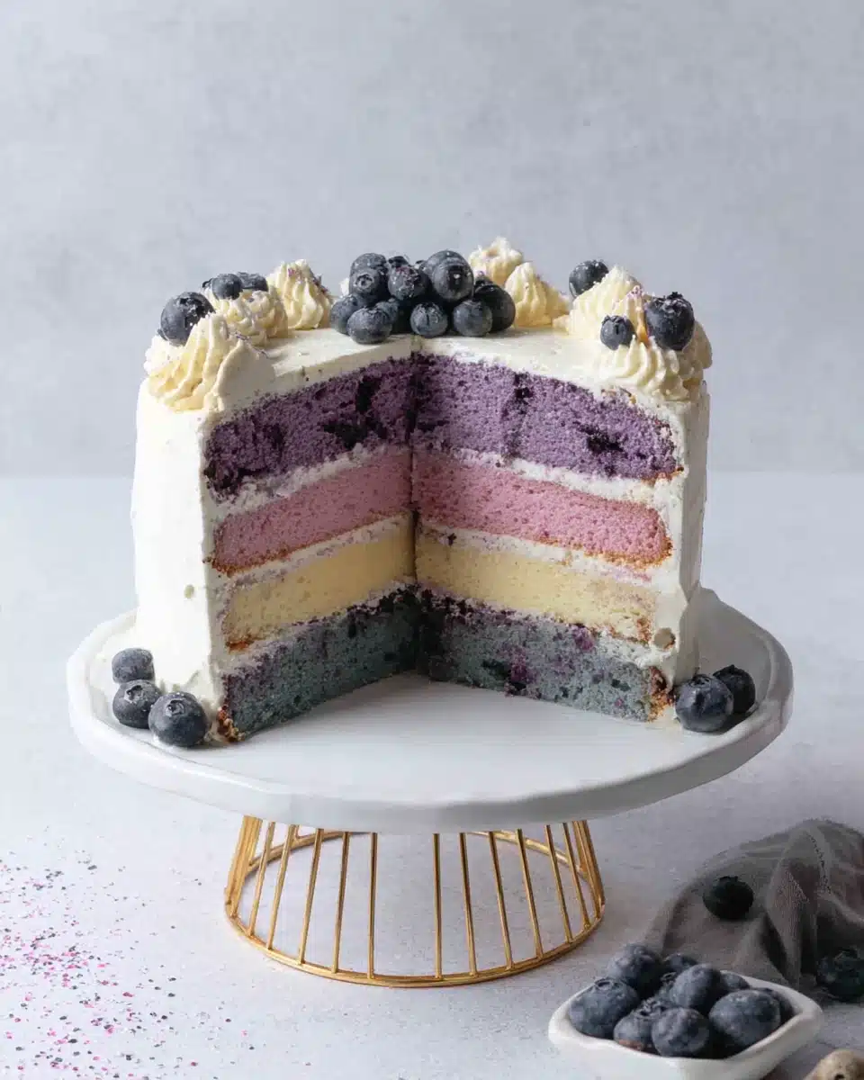 Delicious blueberry layer cake with purple and white layers and fresh blueberries