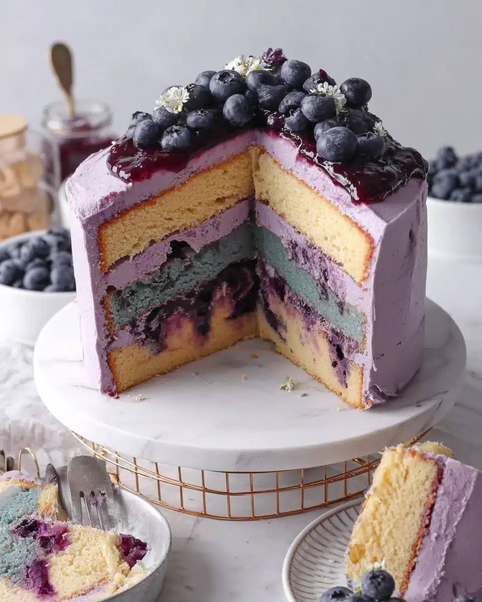 Blueberry layer cake with purple frosting and fresh blueberries, sliced to show layers