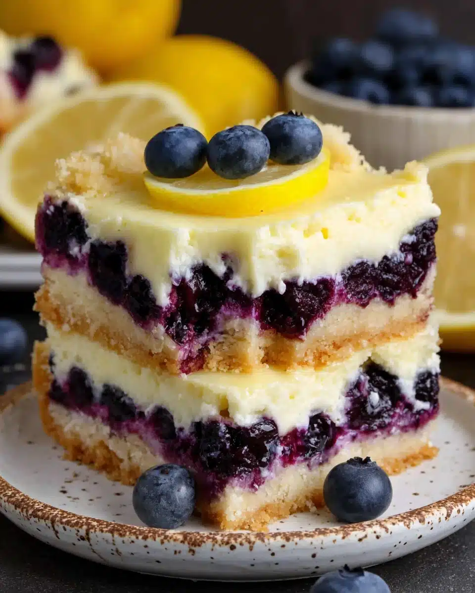 Blueberry Lemon Pie Bar with Creamy Filling and Fresh Berries Blueberry lemon pie bar with creamy filling, crumbly crust, and fresh blueberries on top
