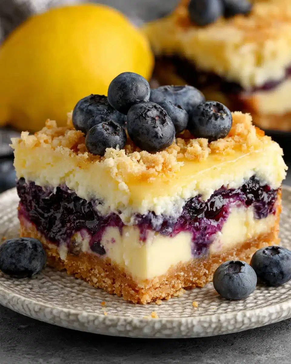 Blueberry Lemon Pie Bars with Fresh Berries Blueberry lemon pie bar with fresh blueberries and creamy filling on a plate