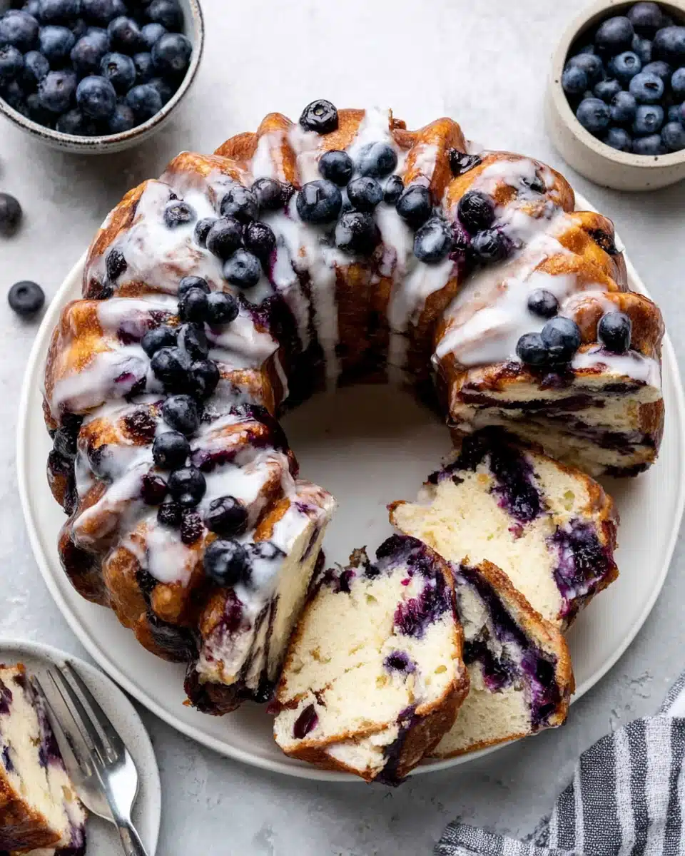 Blueberry monkey bread with vanilla glaze and fresh berries on a white plate